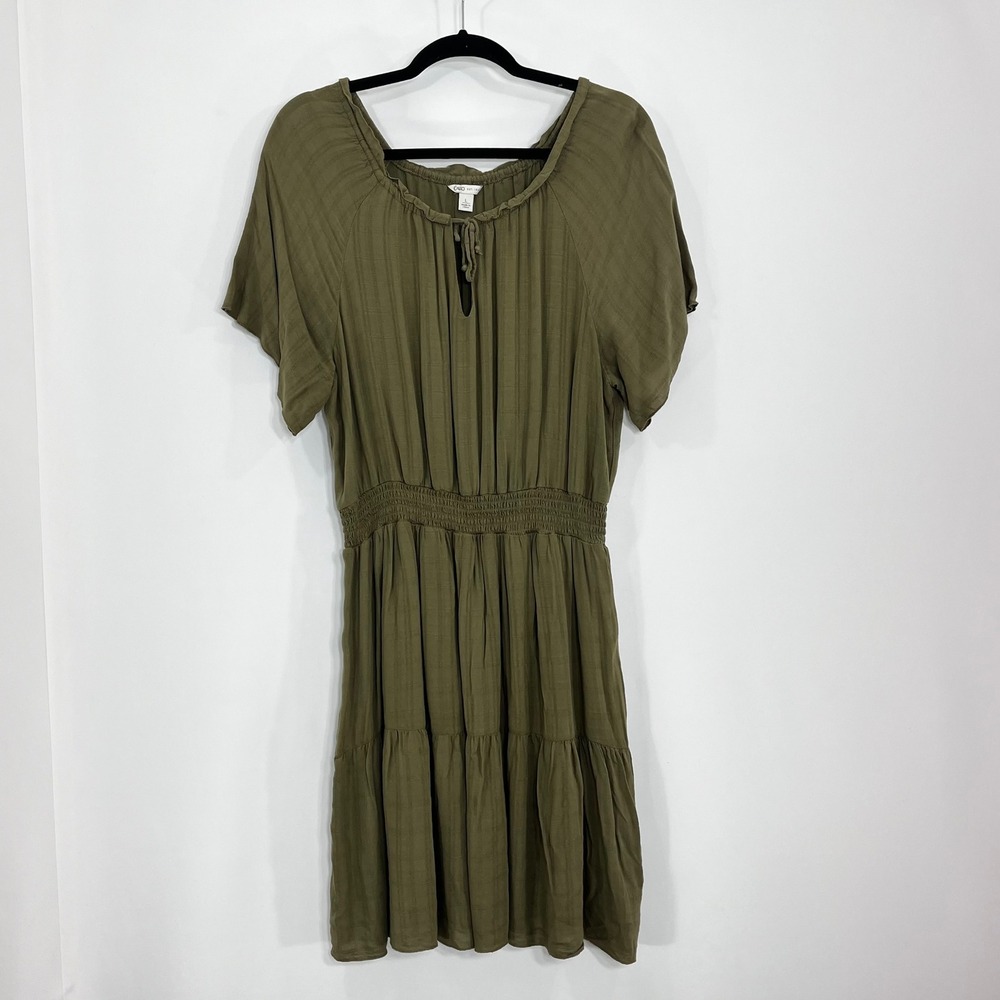 Cato Womens Olive Green Smocked Waist Tiered Rayon Mini Dress Large